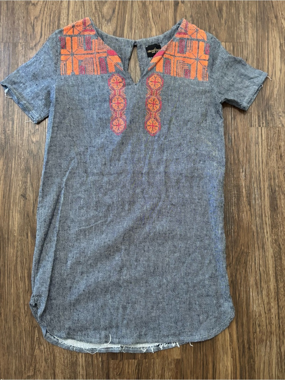 Audrey Western Denim Shift Dress Orange Pink Print Raw Edge S